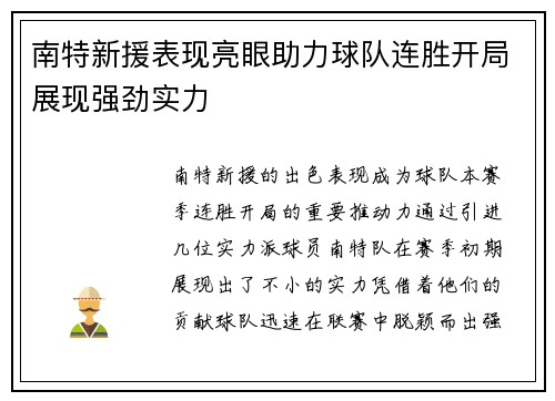 南特新援表现亮眼助力球队连胜开局展现强劲实力