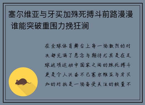 塞尔维亚与牙买加殊死搏斗前路漫漫 谁能突破重围力挽狂澜