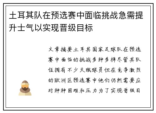 土耳其队在预选赛中面临挑战急需提升士气以实现晋级目标