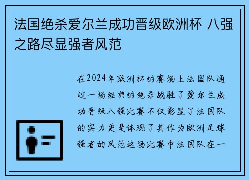 法国绝杀爱尔兰成功晋级欧洲杯 八强之路尽显强者风范