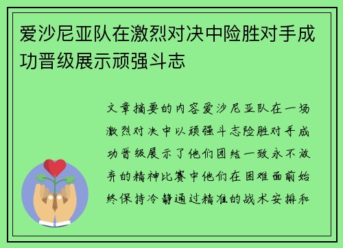 爱沙尼亚队在激烈对决中险胜对手成功晋级展示顽强斗志