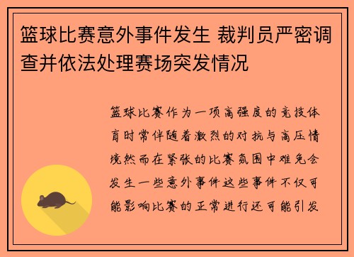 篮球比赛意外事件发生 裁判员严密调查并依法处理赛场突发情况