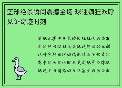 篮球绝杀瞬间震撼全场 球迷疯狂欢呼见证奇迹时刻